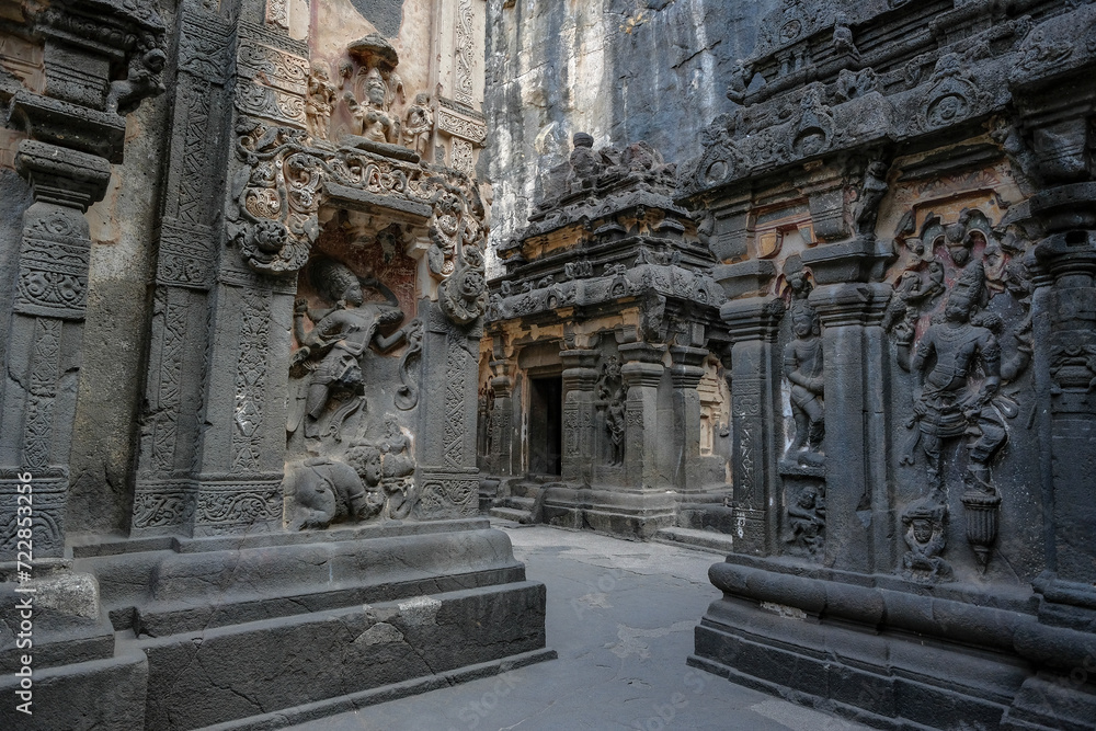 Kailasa Temple in the Ellora Caves complex in the Aurangabad District of Maharashtra, India.