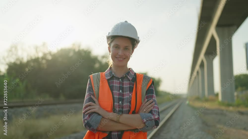 Beautiful engineer woman in safety uniform and helmet standing with arms crossed on railroad smiling and looking at camera. Engineer leadership concept Beautiful engineer woman in safety uniform and helmet standing with arms crossed on railroad smiling and looking at camera. Engineer leadership concept