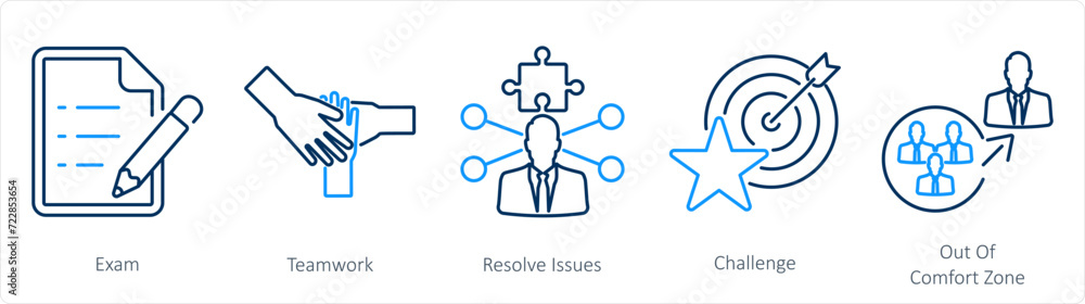 A set of 5 Challenge icons as exam, teamwork, resolve issues A set of 5 Challenge icons as exam, teamwork, resolve issues