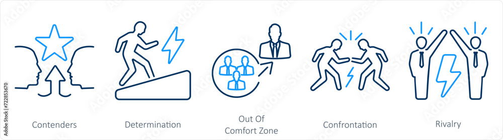 A set of 5 Challenge icons as contenders, determination, out of comfort zone A set of 5 Challenge icons as contenders, determination, out of comfort zone