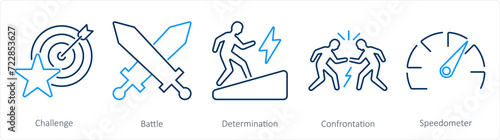 A set of 5 Challenge icons as challenge, battle, determination