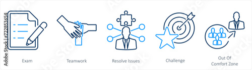 A set of 5 Challenge icons as exam, teamwork, resolve issues