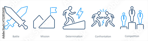 A set of 5 Challenge icons as battle, mission, determination