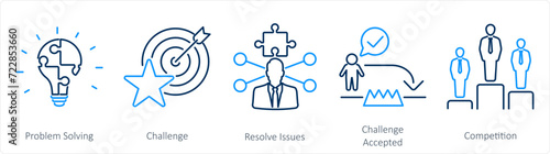 A set of 5 Challenge icons as problem solving, challenge, resolve issues