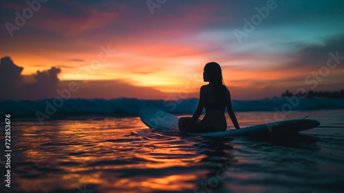 Young woman at her surfboard by twilight Bali
