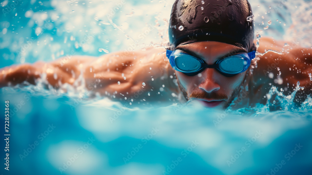 Competitive male swimmer in mid-race, executing butterfly stroke in a pool, Shallow field of view.
