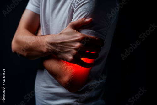 Man clutching his elbow in pain, highlighting the need for medical attention for joint injuries. 