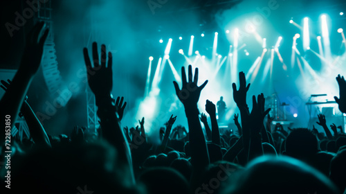 Excited concert crowd with raised hands enjoying live music performance under blue or teal stage lights. 