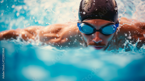 Competitive male swimmer in mid-race, executing butterfly stroke in a pool, Shallow field of view. 