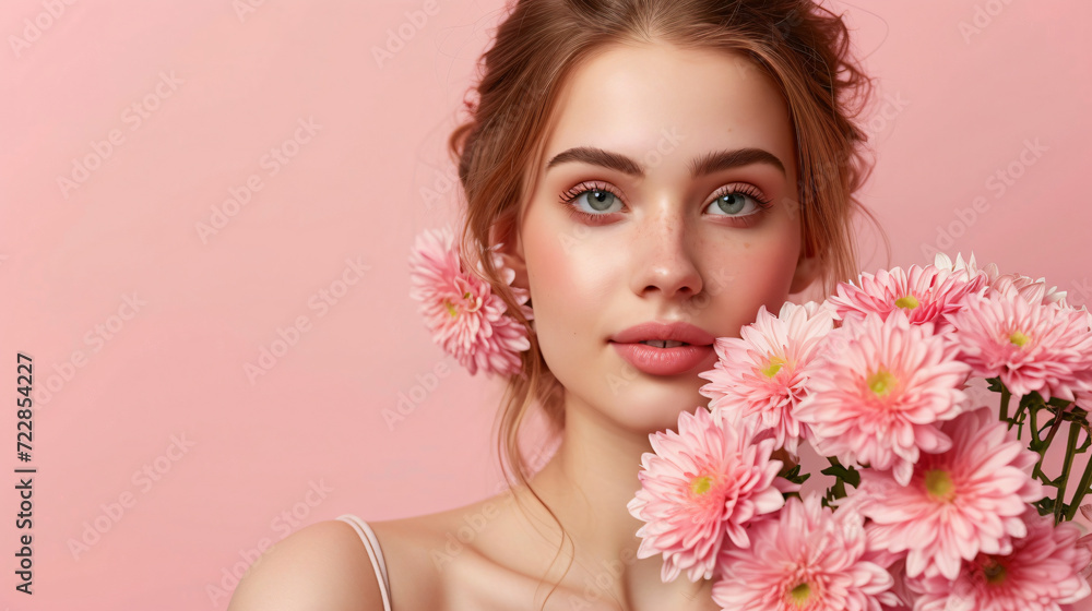Young woman with bouquet of pink chrysanthemum