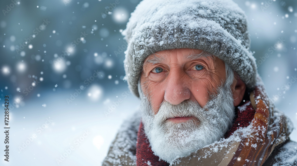 An older man with a long white beard and a hat stands in the snow, surrounded by a wintry landscape An older man with a long white beard and a hat stands in the snow, surrounded by a wintry landscape