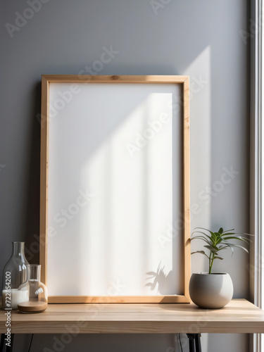 simple clean big poster frame mock up, wooden frame mock up in gray wall modern interior