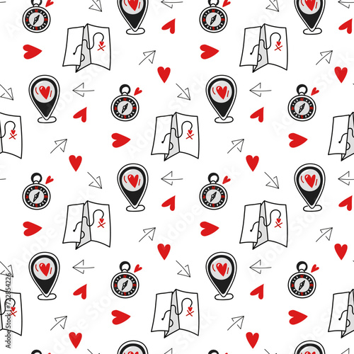 Pattern in search of love - location, map, compass, directional arrow. Seamless pattern for Valentine's Day. Print Find love on textiles and paper. Packaging for printing on textiles and packaging