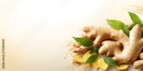 Savoring Nature: A Display of Fresh Ginger on Wooden Background photo