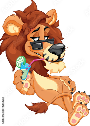 Funny lion drinks a fruit juice with sunglasses. Vector cartoon isolated character with transparent background.
