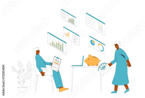 Elderly family budgeting. Couple with money and analyze retirement savings. Vector illustration