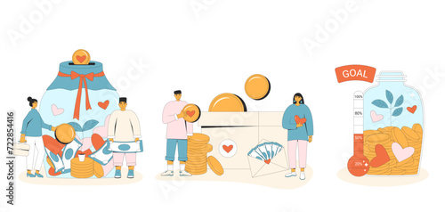 Donation and fundraising concepts set. People with jar box money with coins, envelope of banknotes, heart symbols. Share money crowdfunding. Vector flat illustration