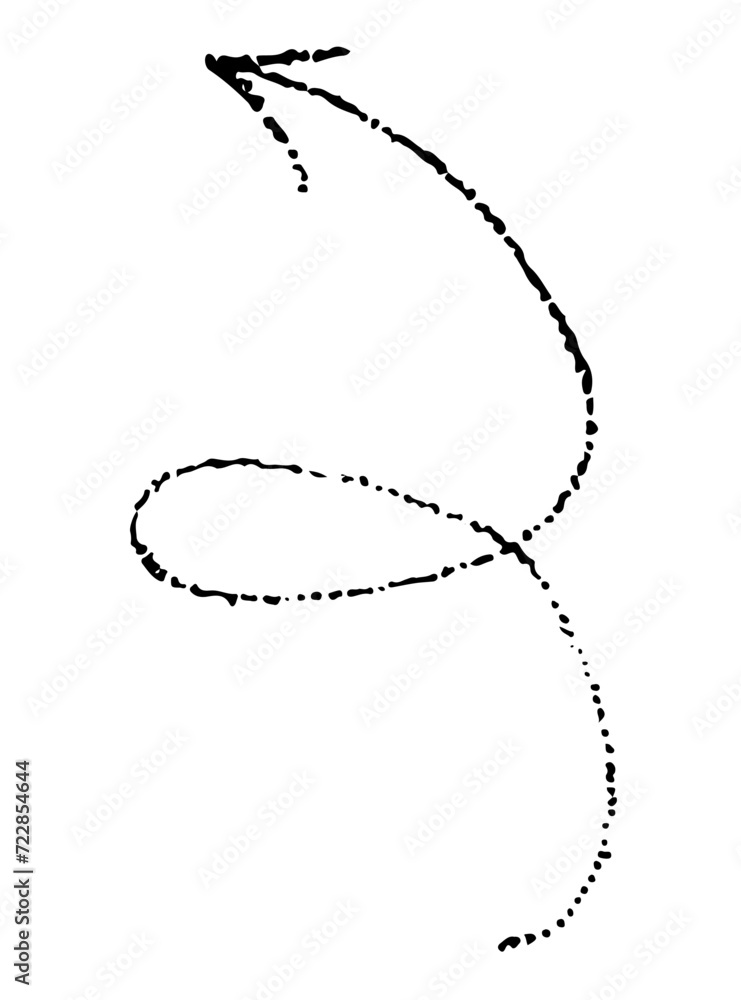 Vector black wavy arrow doodle style isolated on white background. Right pointer hand drawn illustration dotwork, tattoo, sticker for design and decoration, black dots on a white background