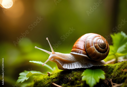 close-up of a clam walking in a lush forest