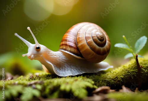 close-up of a clam walking in a lush forest photo