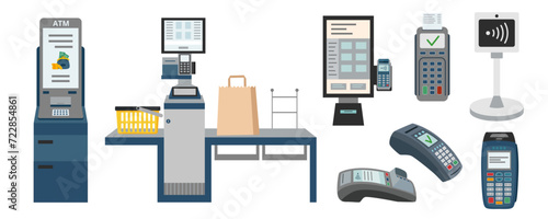 Set of contactless payment devices in flat style isolated on white. Payment terminal, ATM machine, self checkout, kiosk.