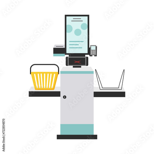 Self-service checkout in the supermarket isolated on white. Self-service and self payment terminal. Contactless payment.