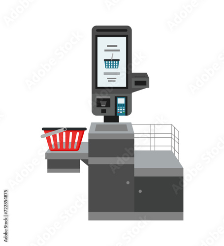 Self-service checkout in the supermarket isolated on white. Self-service and self payment terminal. Contactless payment.