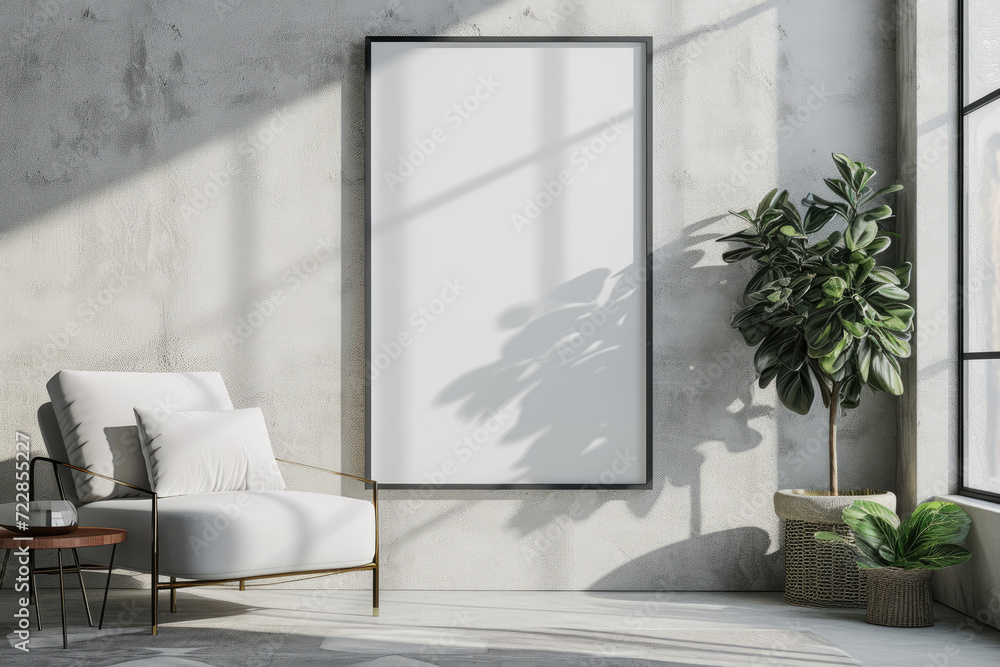 Frame mockup with ISO A paper size, showcasing a living room wall poster mockup against a modern interior design background, presented in a 3D render. Frame mockup with ISO A paper size, showcasing a living room wall poster mockup against a modern interior design background, presented in a 3D render.