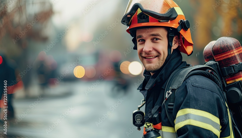Smiling Firefighter man in uniform, headshot portrait Smiling Firefighter man in uniform, headshot portrait