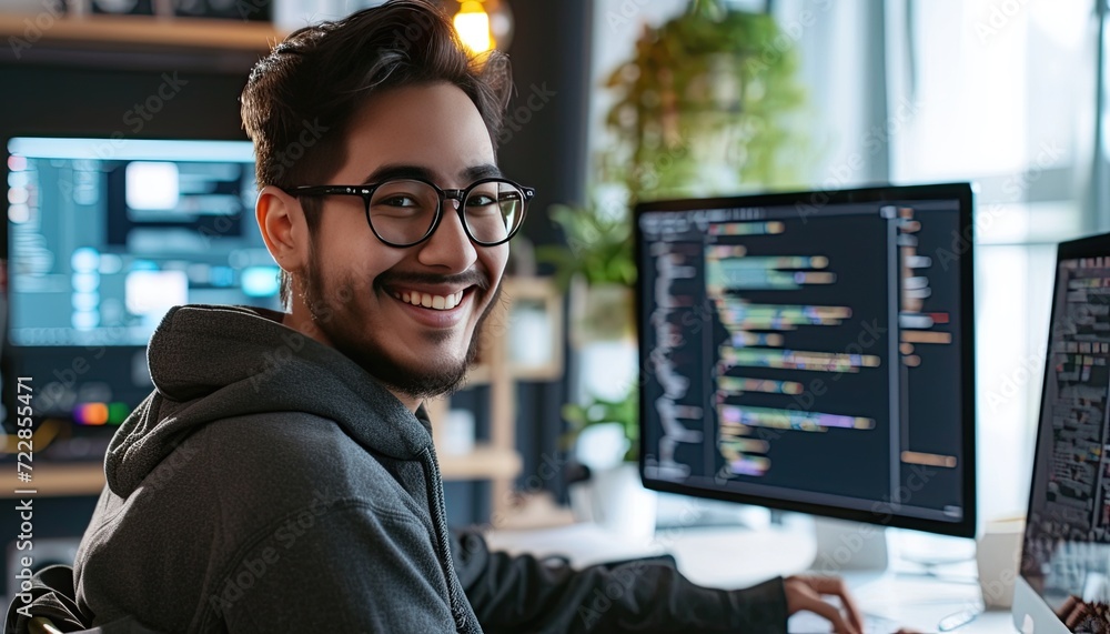 Cheerful 26-year-old software developer coding on a computer, headshot portrait Cheerful 26-year-old software developer coding on a computer, headshot portrait