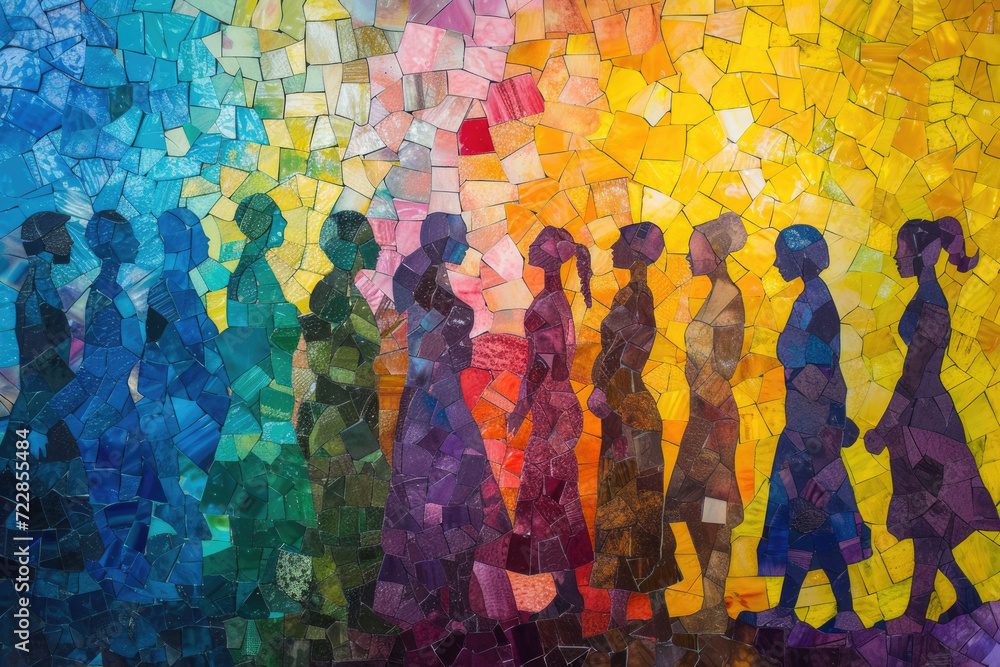A vibrant mosaic of women standing together, embodying the pursuit of equality
