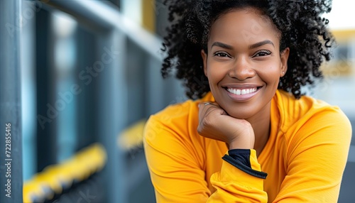 Joyful 29-year-old fitness trainer coaching a workout session