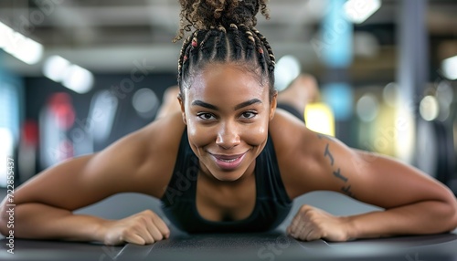 Joyful 29-year-old fitness trainer coaching a workout session