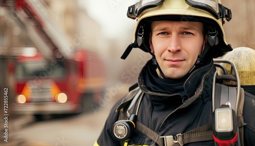 Smiling Firefighter man in uniform, headshot portrait © PixelPrompt