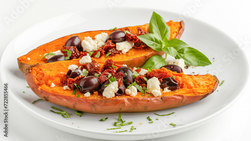 Baked sweet potato with feta cheese, olives, sun-dried tomatoes.
