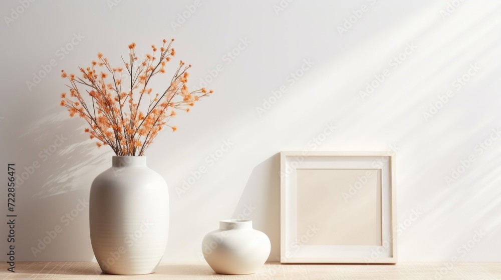 Mockup frame on table, ceramic vase with dry grass and sunlight shadow Mockup frame on table, ceramic vase with dry grass and sunlight shadow
