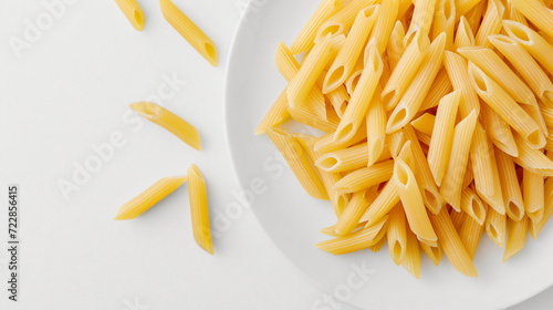 Plate of raw italian penne rigate pasta