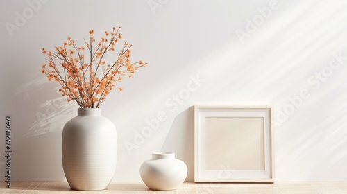 Mockup frame on table, ceramic vase with dry grass and sunlight shadow