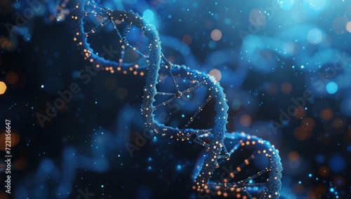 3d rendering illustration DNA gene helix neon glowing molecule on blue background. Generated AI photo