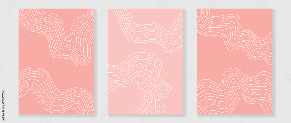Abstract line art background vector. Minimalist modern contour drawing with wavy, curve on pink color. Contemporary art design illustration for wallpaper, wall decor, card, poster, cover, print.