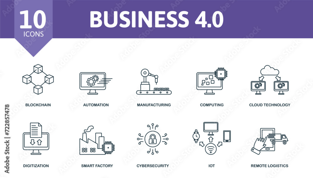 Business 4.0 icon set. Contains editable icons industry 4.0 theme such as blockchain, manufacturing, cloud technology and more. Business 4.0 icon set. Contains editable icons industry 4.0 theme such as blockchain, manufacturing, cloud technology and more.
