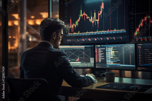 Crypto Command Center: Elegant Man Analyzing Charts for Optimal Investments. AI Generative.