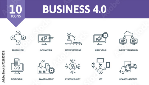 Business 4.0 icon set. Contains editable icons industry 4.0 theme such as blockchain, manufacturing, cloud technology and more.