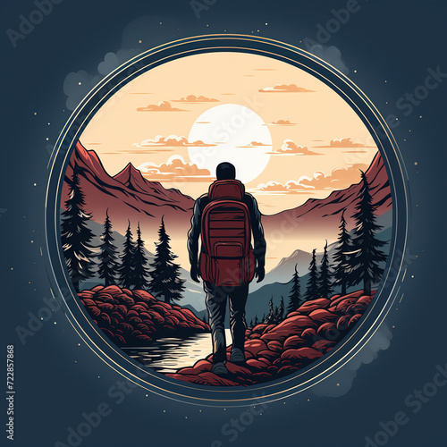 round logo emblem with back of a man traveler tourist with a backpack in mountains. Symbol badge for travel company for outdoor adventures and trekking hiking in nature