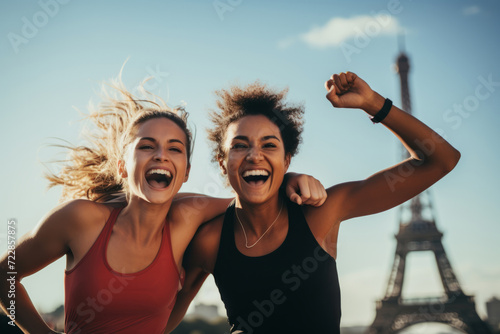 Group of women celebrating winning a sports competition with the Eiffel tower in the background