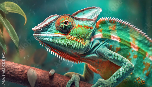 Close-Up View of a Vibrant Green Chameleon