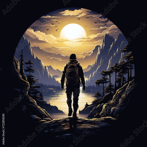 round logo emblem with back of a man traveler tourist with a backpack in mountains on black background. Symbol badge for travel company for outdoor adventures and trekking hiking in nature photo
