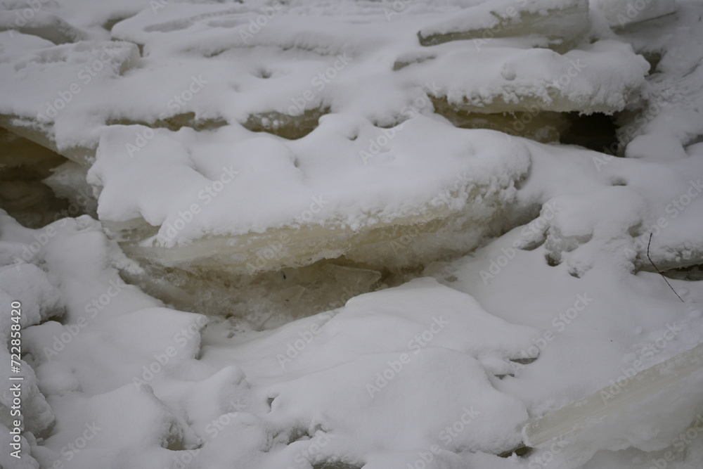 fragments of split people on the river, chunks of people on the river, spring ice drifting fragments of split people on the river, chunks of people on the river, spring ice drifting