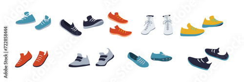 Sports shoes color vector icon set. Comfortable summer footwear for athletes collection Sneakers boots and canvas shoes illustration pack on white