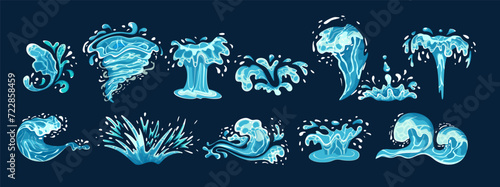 Water splashes shapes color vector icon big set. Natural aqua streams. Flowing and splashing liquid illustration pack on dark background